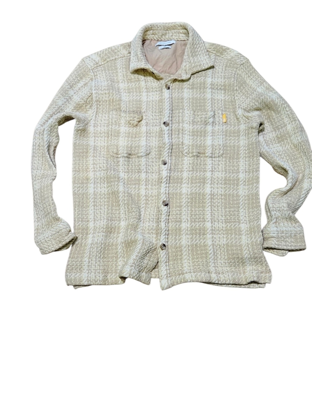 ​Urban Outfitters Plaid Shacket Men's Small Cream Tan Textured Knit Shirt Jacket
